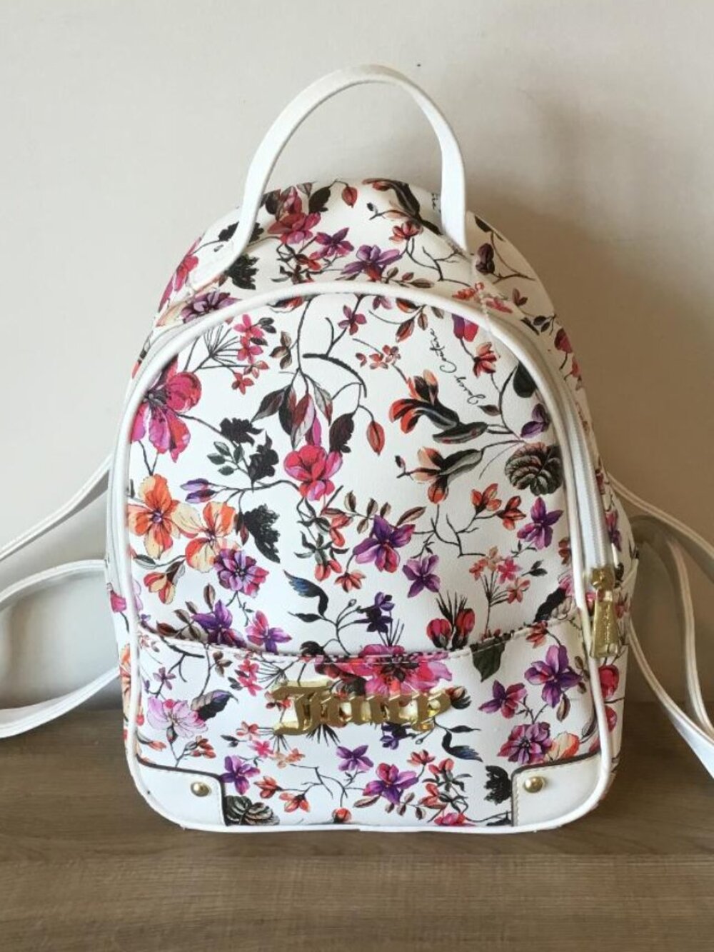 Juicy Couture Garden Party Backpack in Colorful Print on White Faux Leather NWOT